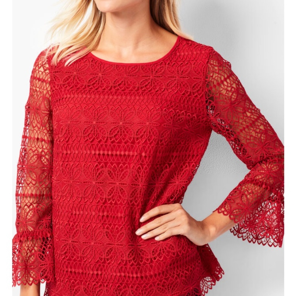 NWOT Talbots Top Lace Floral Deep Red Bell Cuffs Side Zip Lined WM SZ S Petite 🥰